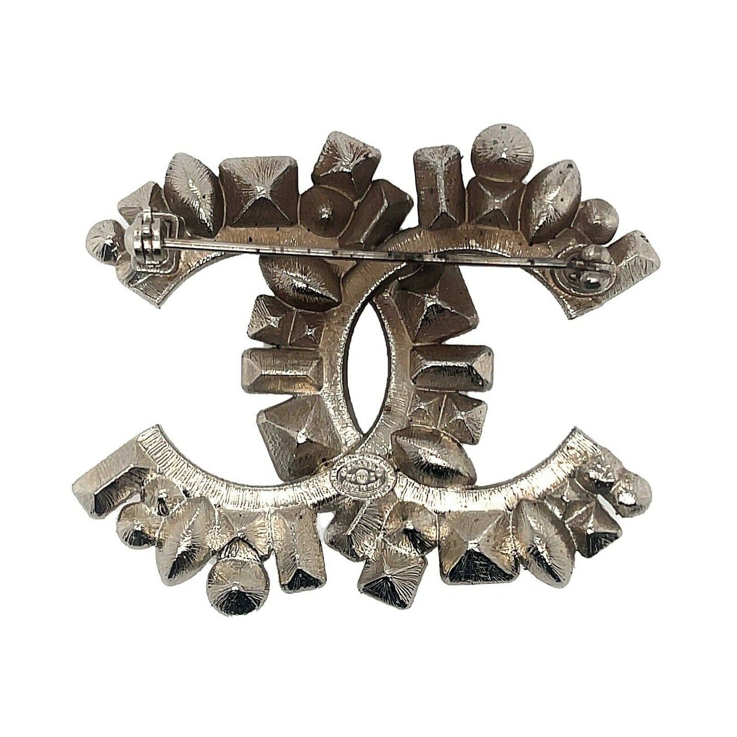 CHANEL -14K Clear and Black Strass CC Logo - Silver, Clear, Black - Brooch