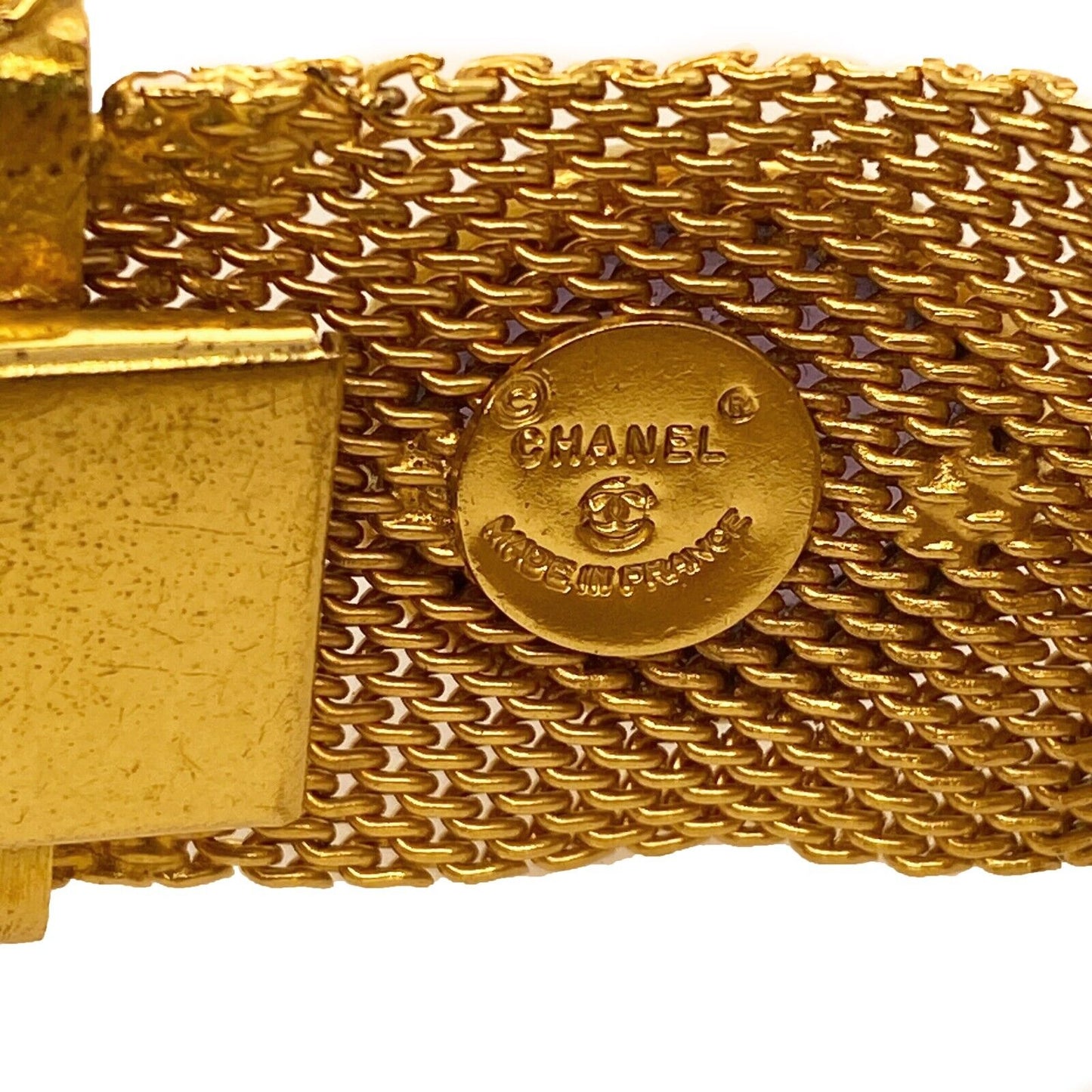 CHANEL - Vintage Mesh Gold Bracelet with Gripoix Multicolor Glass Stones