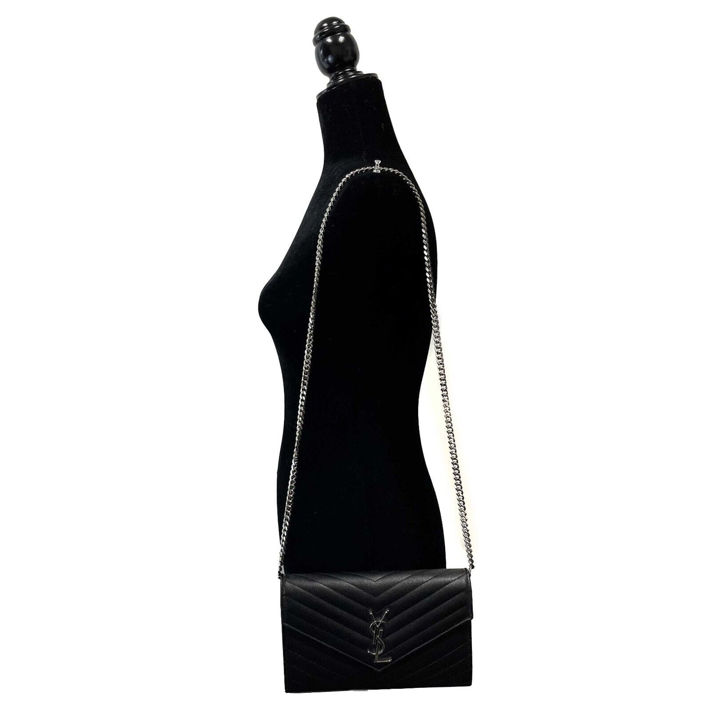 Saint Laurent Cassandre Matelassé Chain Wallet in Grain de Poudre Embossed