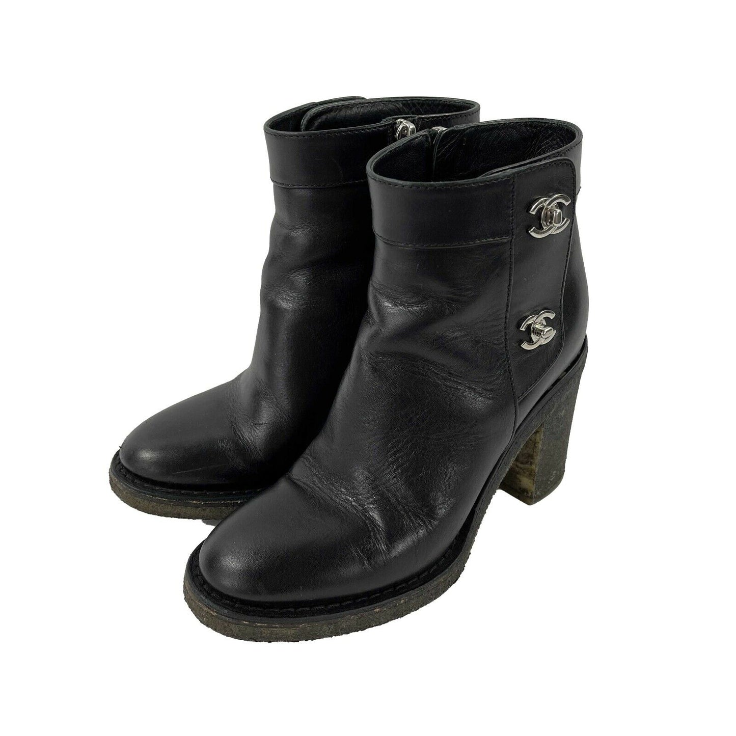 CHANEL - CC Turn Lock Ankle Leather Bootie Boots - Black / Silver - 36 US 6