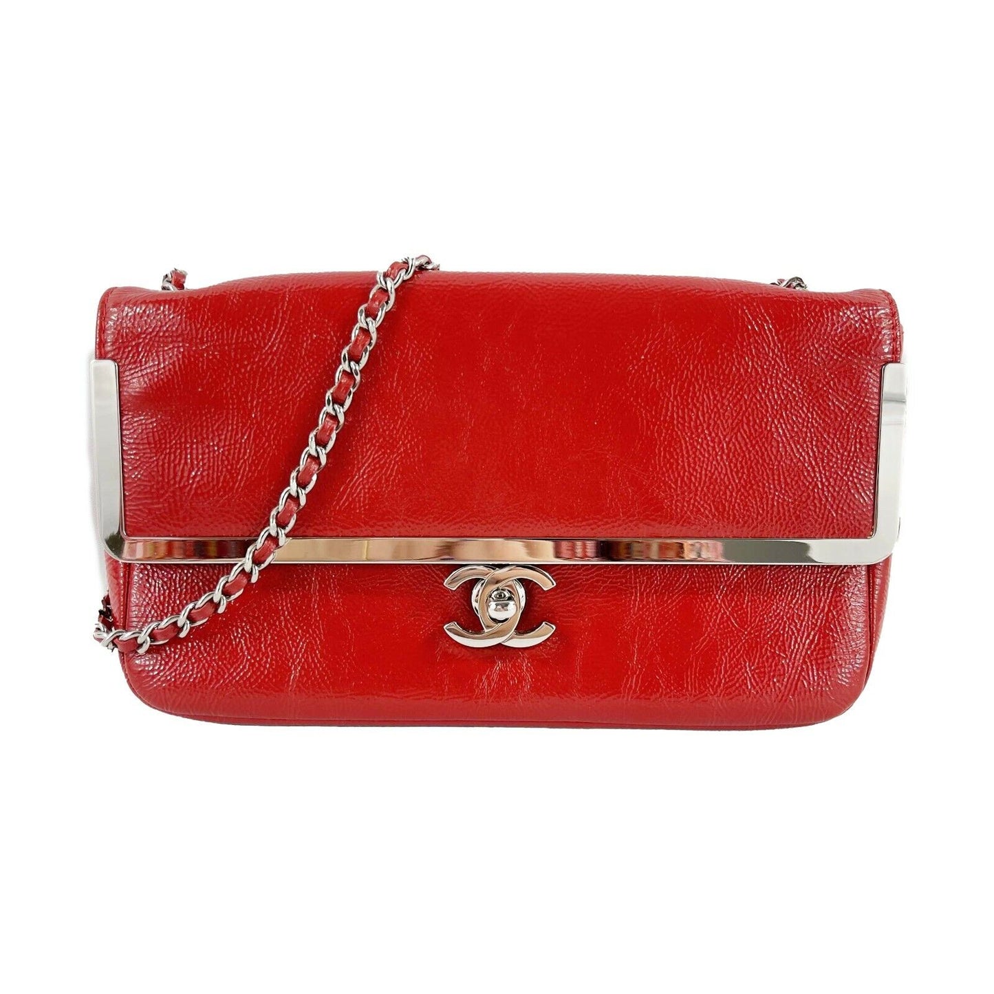 CHANEL - Small Textured Red Patent Frame Flap - CC Lock - Silver Shoulder Bag
