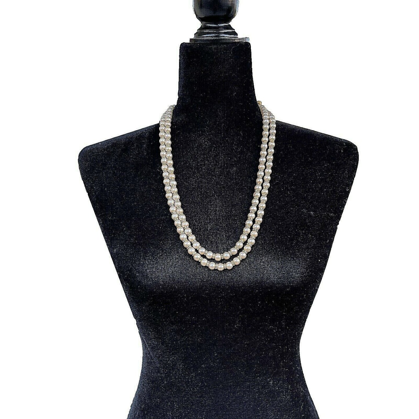 CHANEL - Pearl Rondelle Strass Double Layer Adjustable - Gold-Tone Necklace