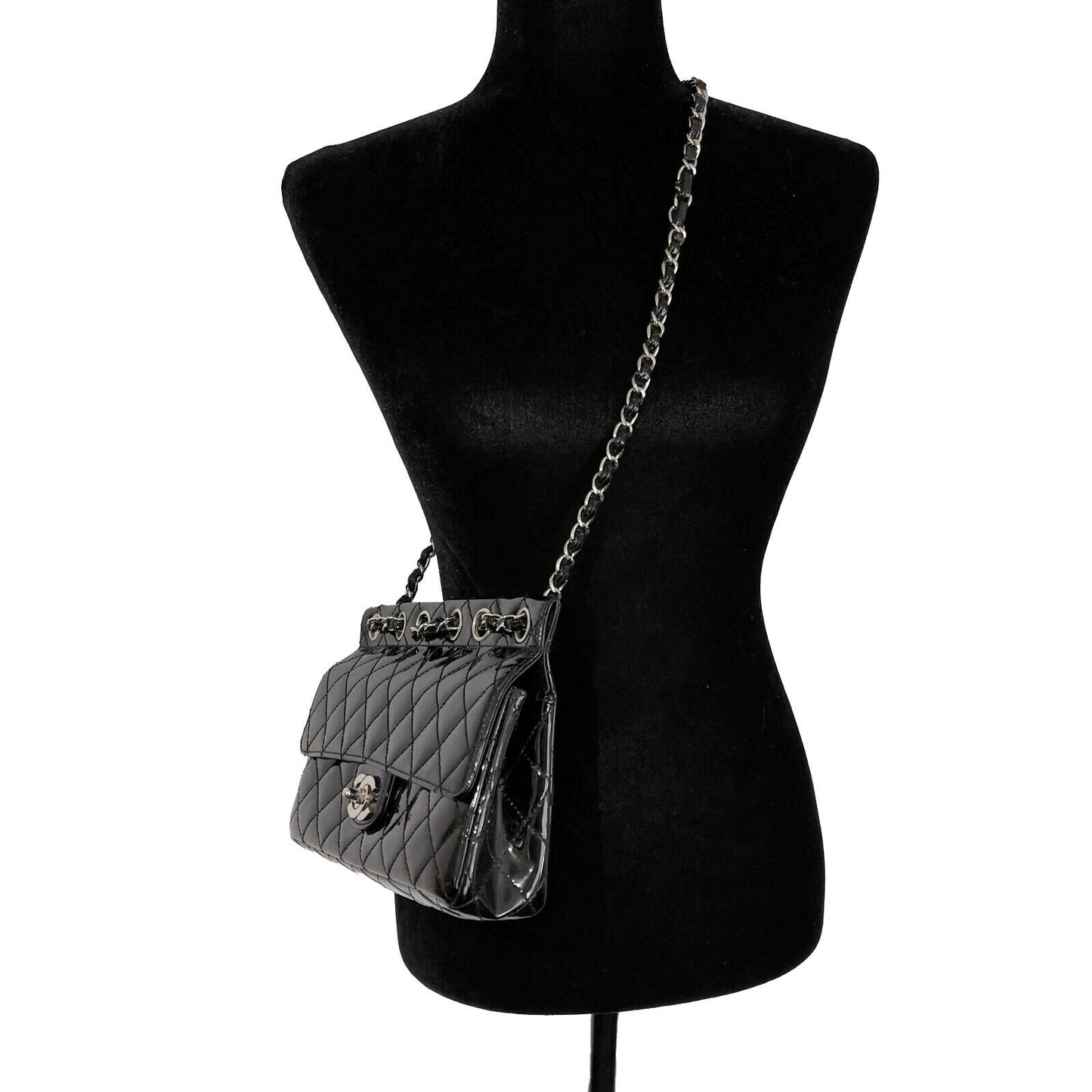 CHANEL 05 Patent Chain Through Flap Bag Quilted - Black / Silver-tone Crossbody