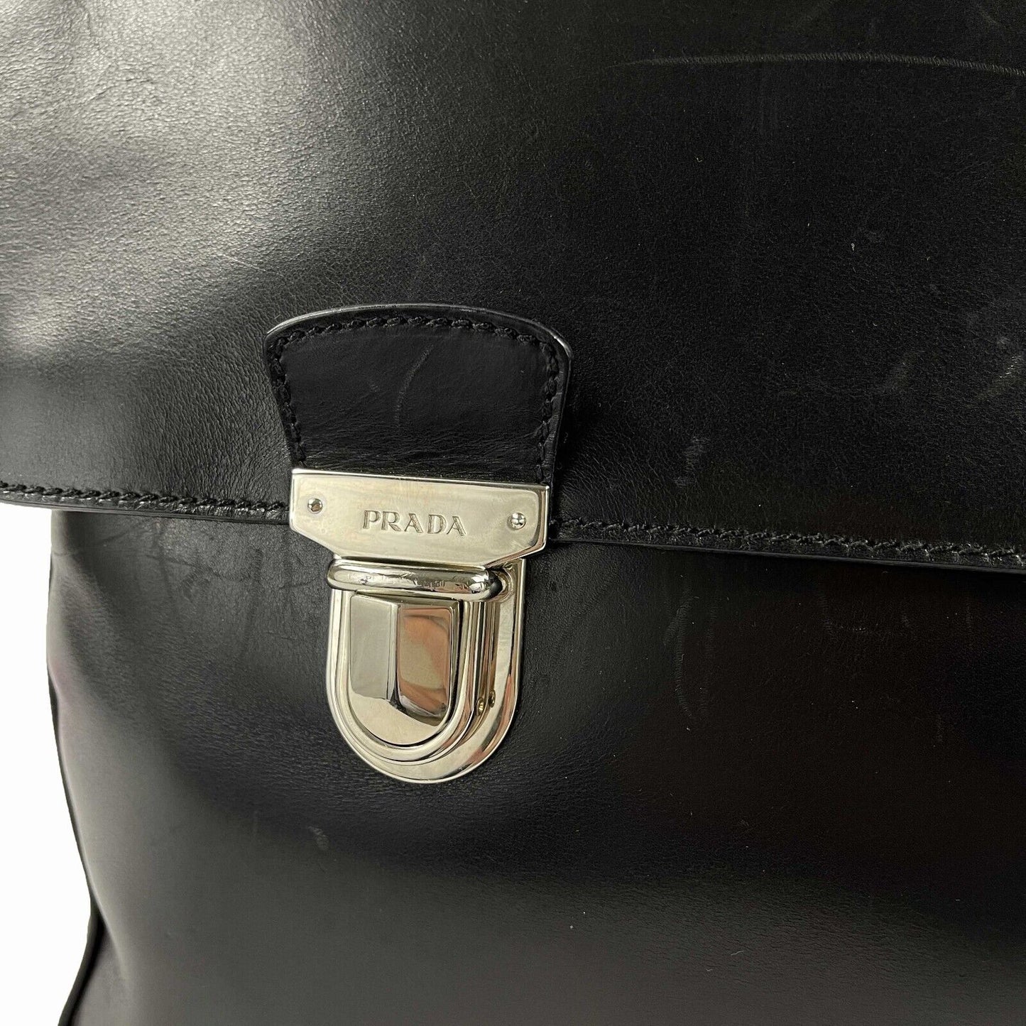 PRADA - Vitello Leather Double Buckle Briefcase - Black / Silver