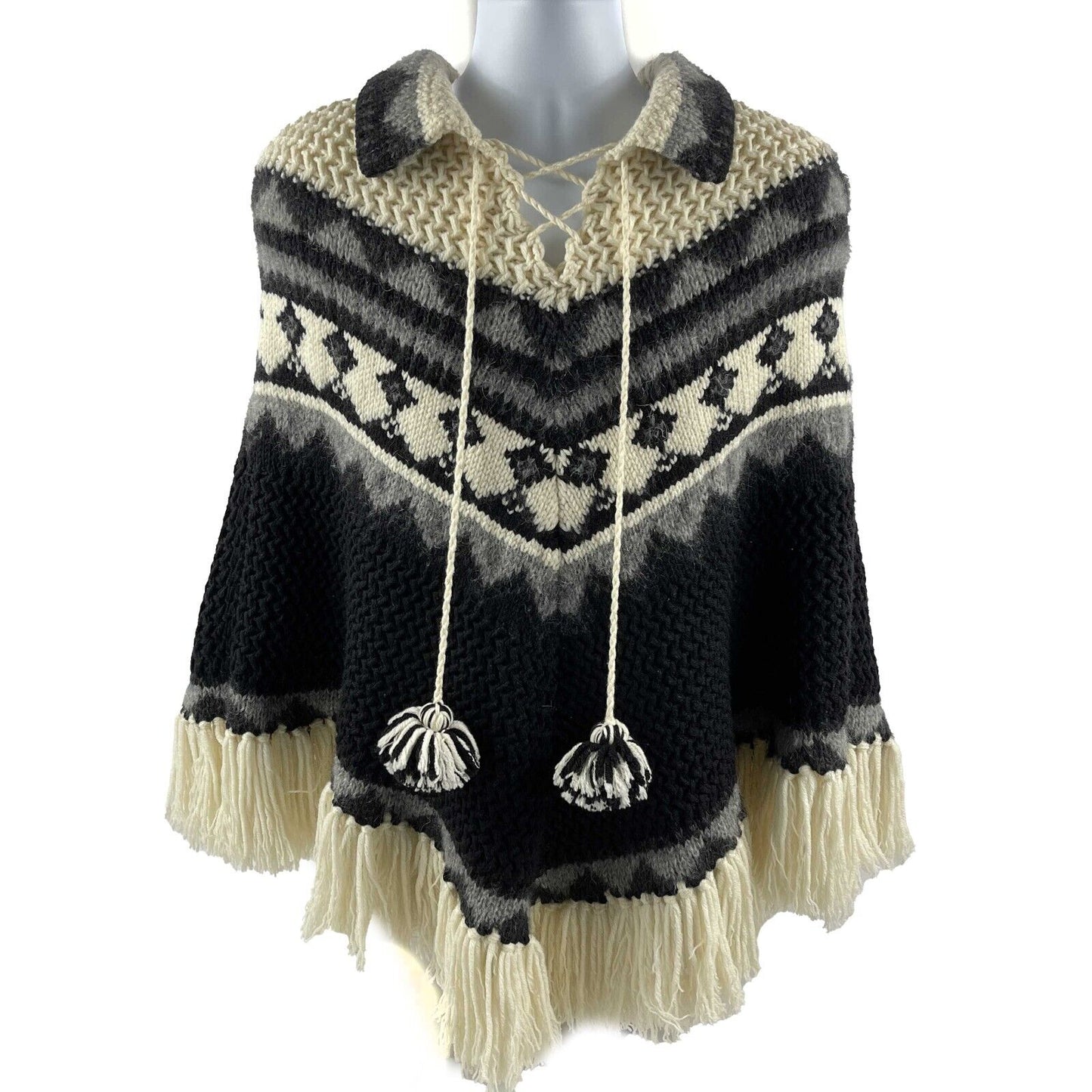 Saint Laurent - YSL - Fringe Knit Pom Pom Tassel Poncho - XS S M