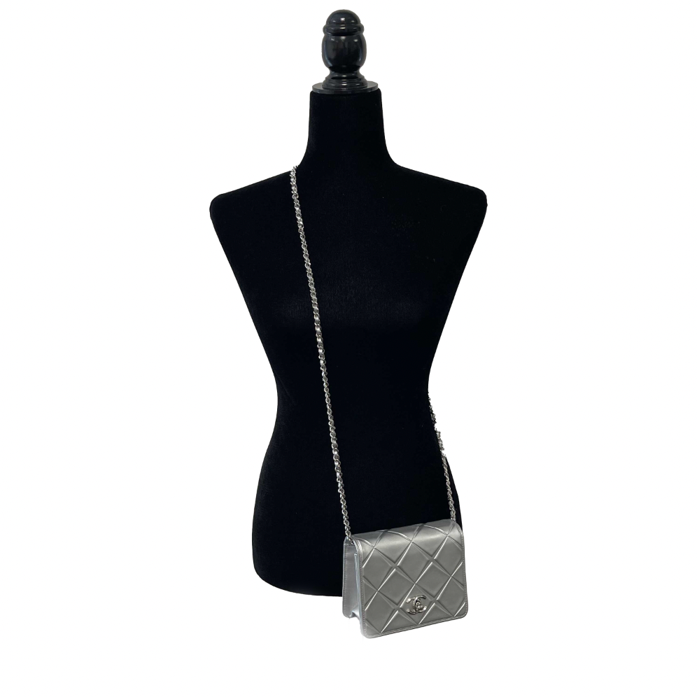 CHANEL Mini CC Propellor Square Flap Silver Leather Flap Bag Crossbody / Clutch