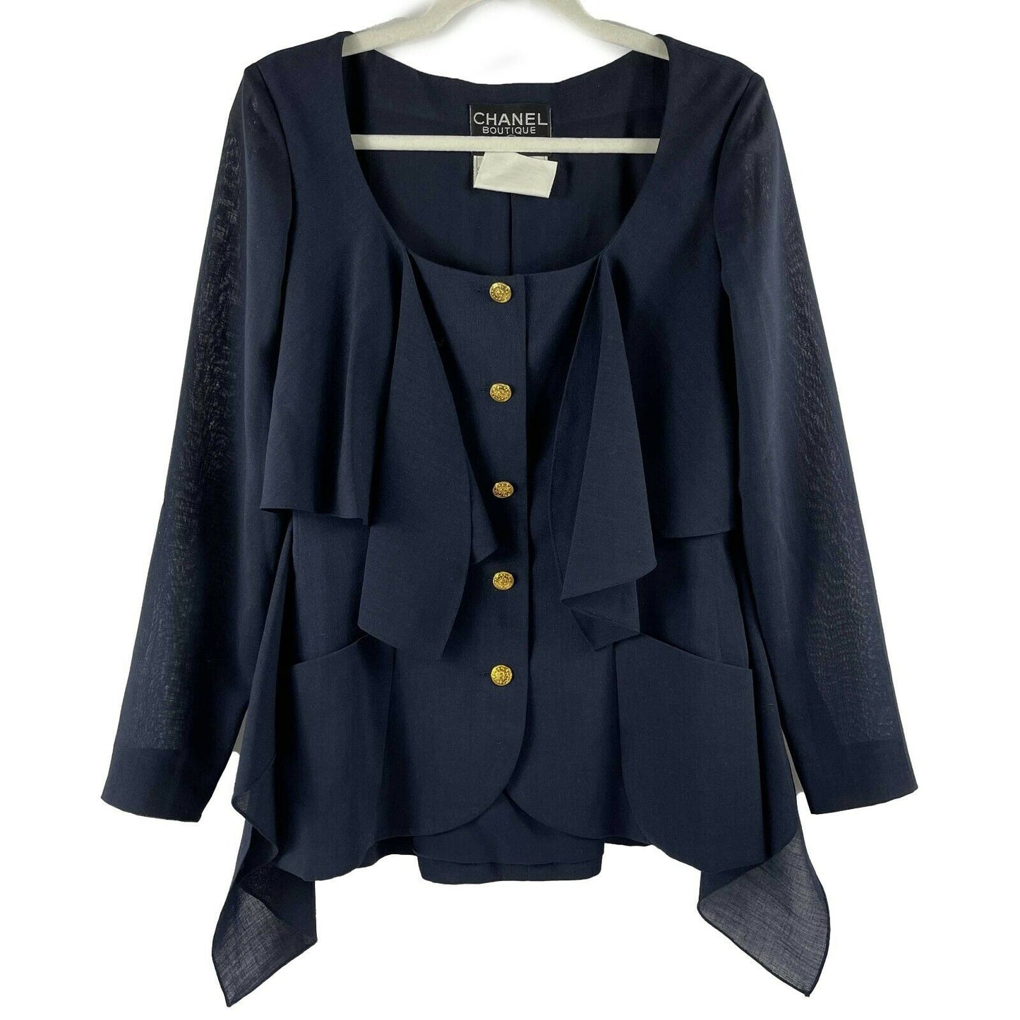 CHANEL - Wool Suit Cascade Jacket and Skirt - CC Buttons - Navy / Gold 36 US 6