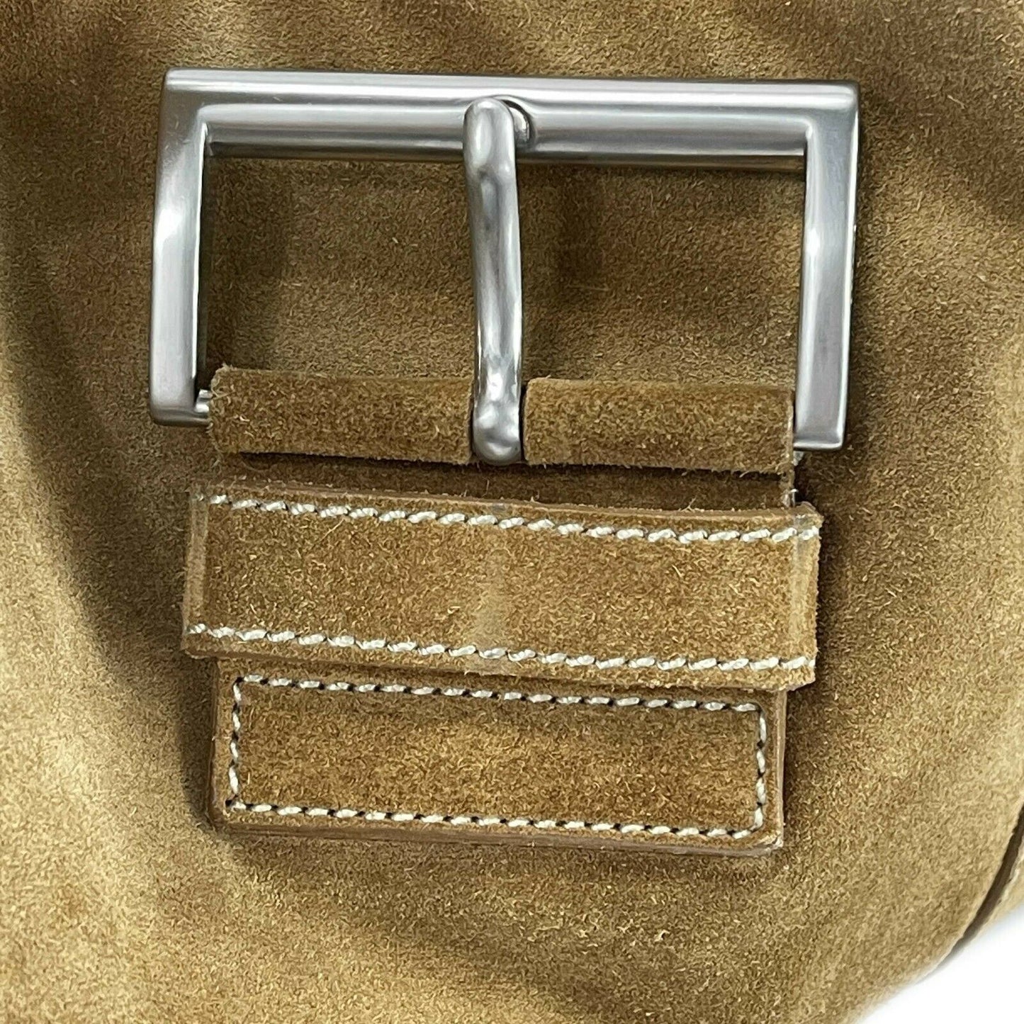 Prada - Large Camel / Silver Suede Belt Shoulder Bag / Buckle Closure
