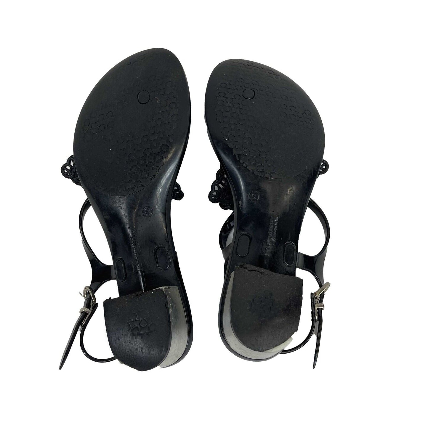 Salvatore Ferragamo - Rubber Strap Black Bow Block Heel Sandals - Size US 6