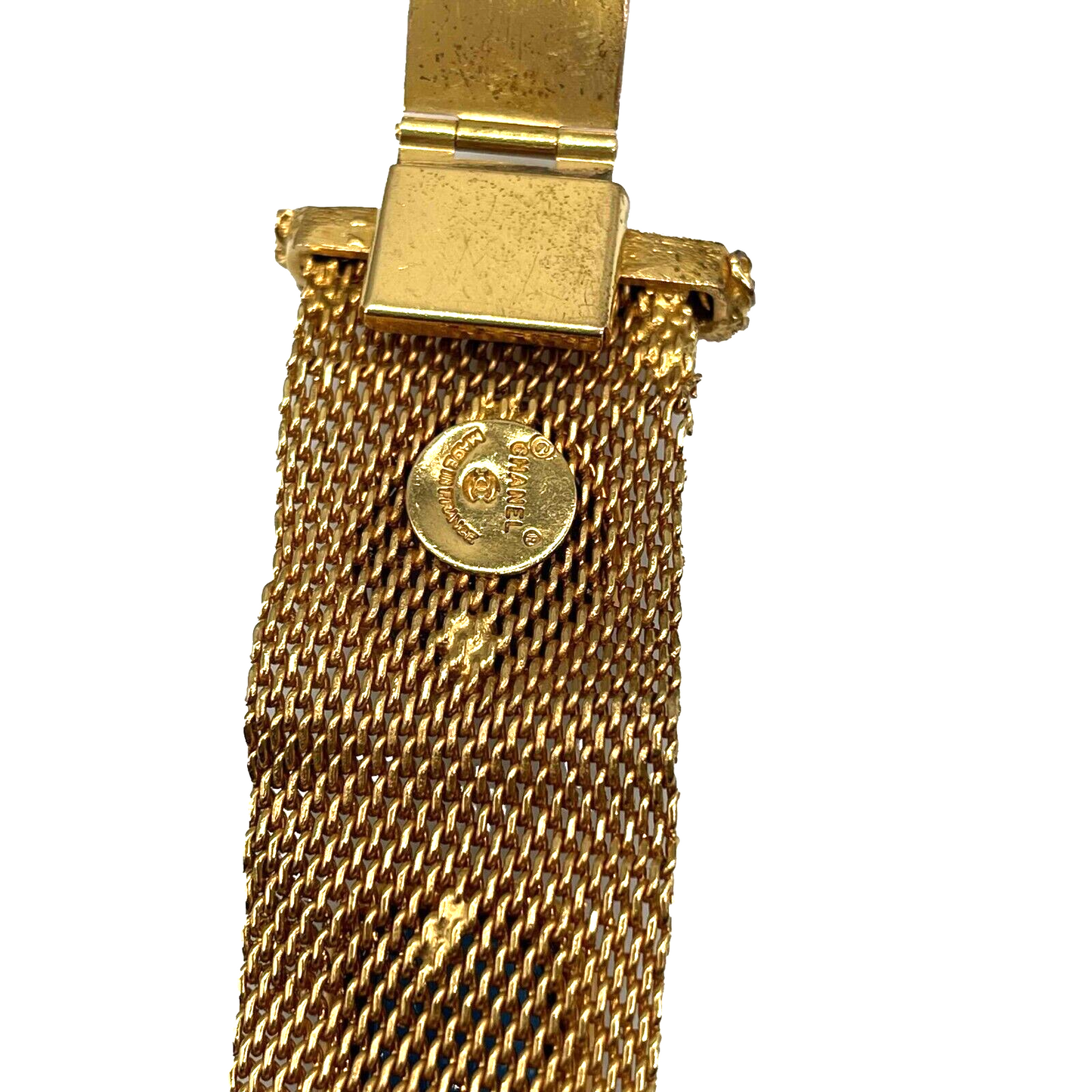 CHANEL - Vintage Mesh Gold Bracelet with Gripoix Multicolor Glass Stones
