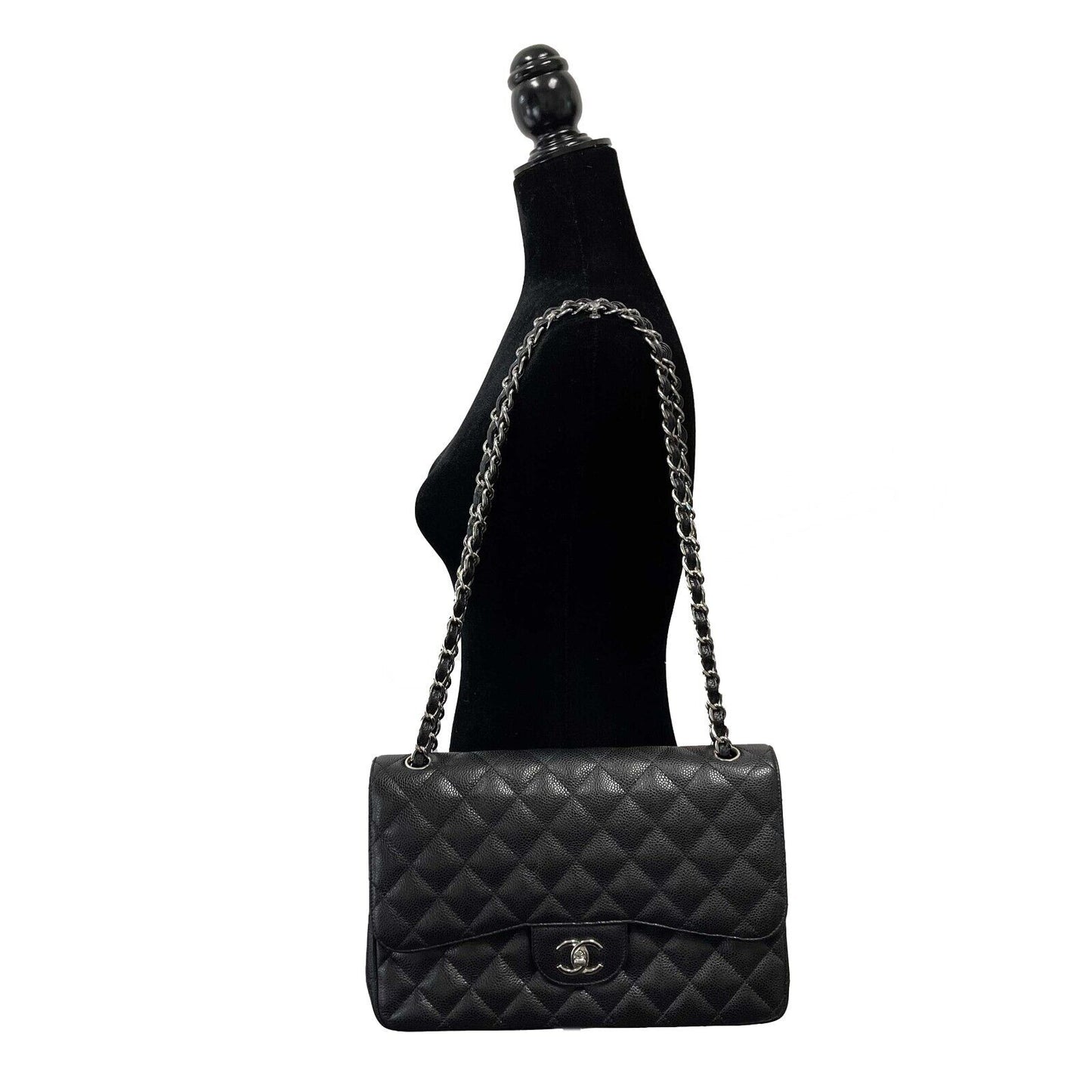 CHANEL CC Caviar Leather Jumbo Classic Double Flap Black / Silver Shoulder Bag