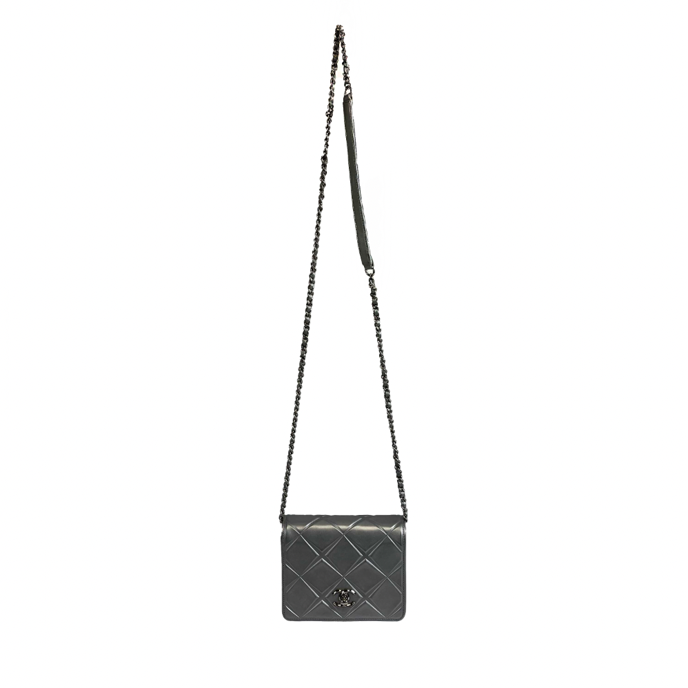 CHANEL Mini CC Propellor Square Flap Silver Leather Flap Bag Crossbody / Clutch