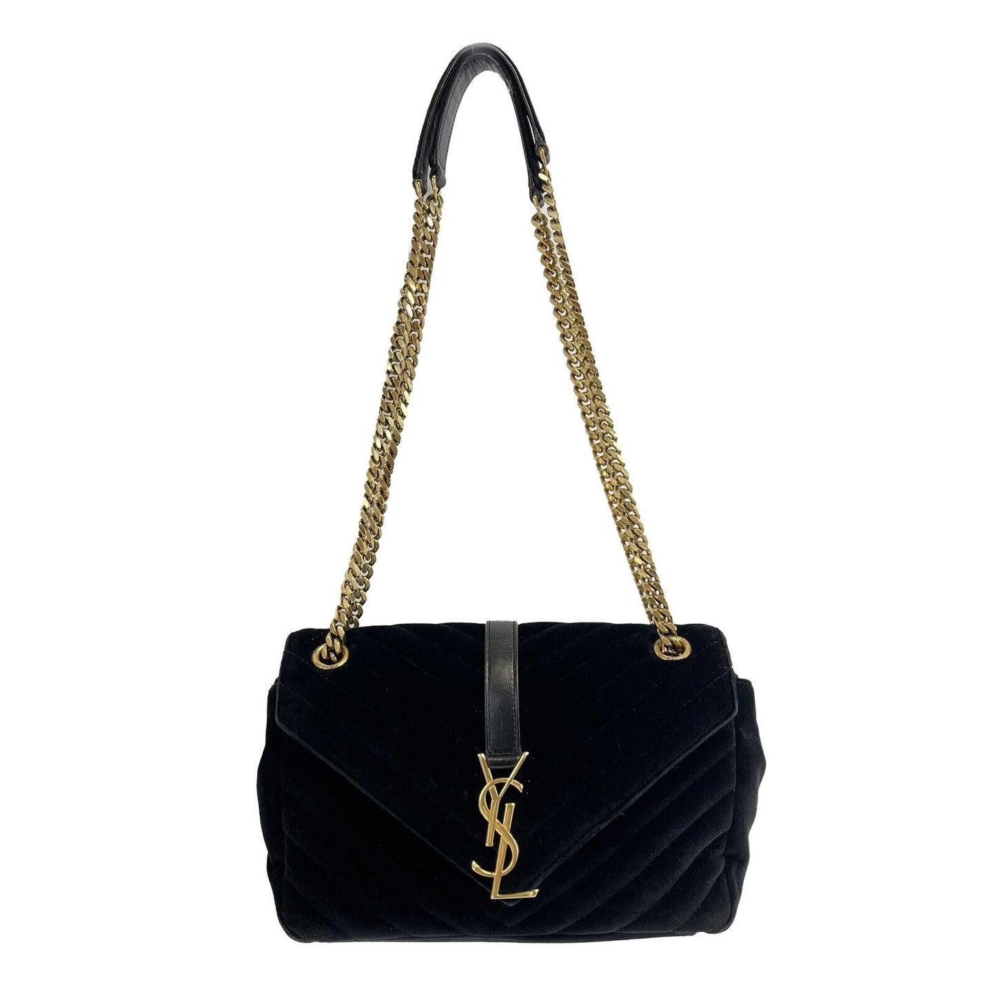 Saint Laurent Velvet Triquilt Medium Collège Bag - Black and Gold YSL Crossbody