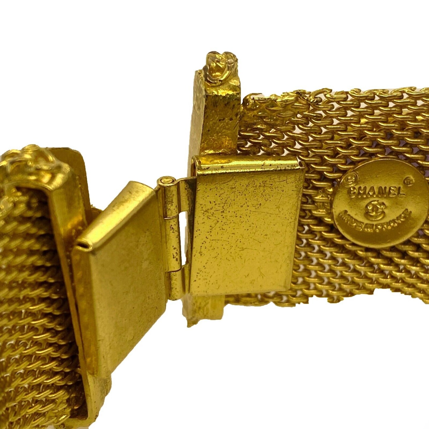 CHANEL - Vintage Mesh Gold Bracelet with Gripoix Multicolor Glass Stones