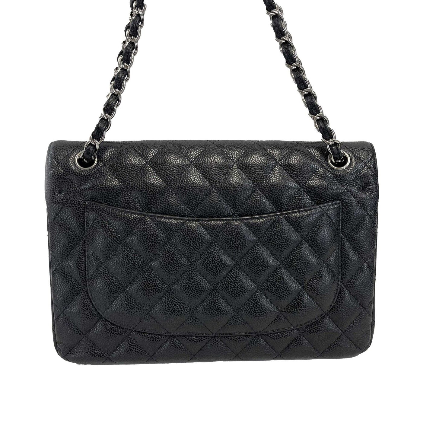 CHANEL CC Caviar Leather Jumbo Classic Double Flap Black / Silver Shoulder Bag