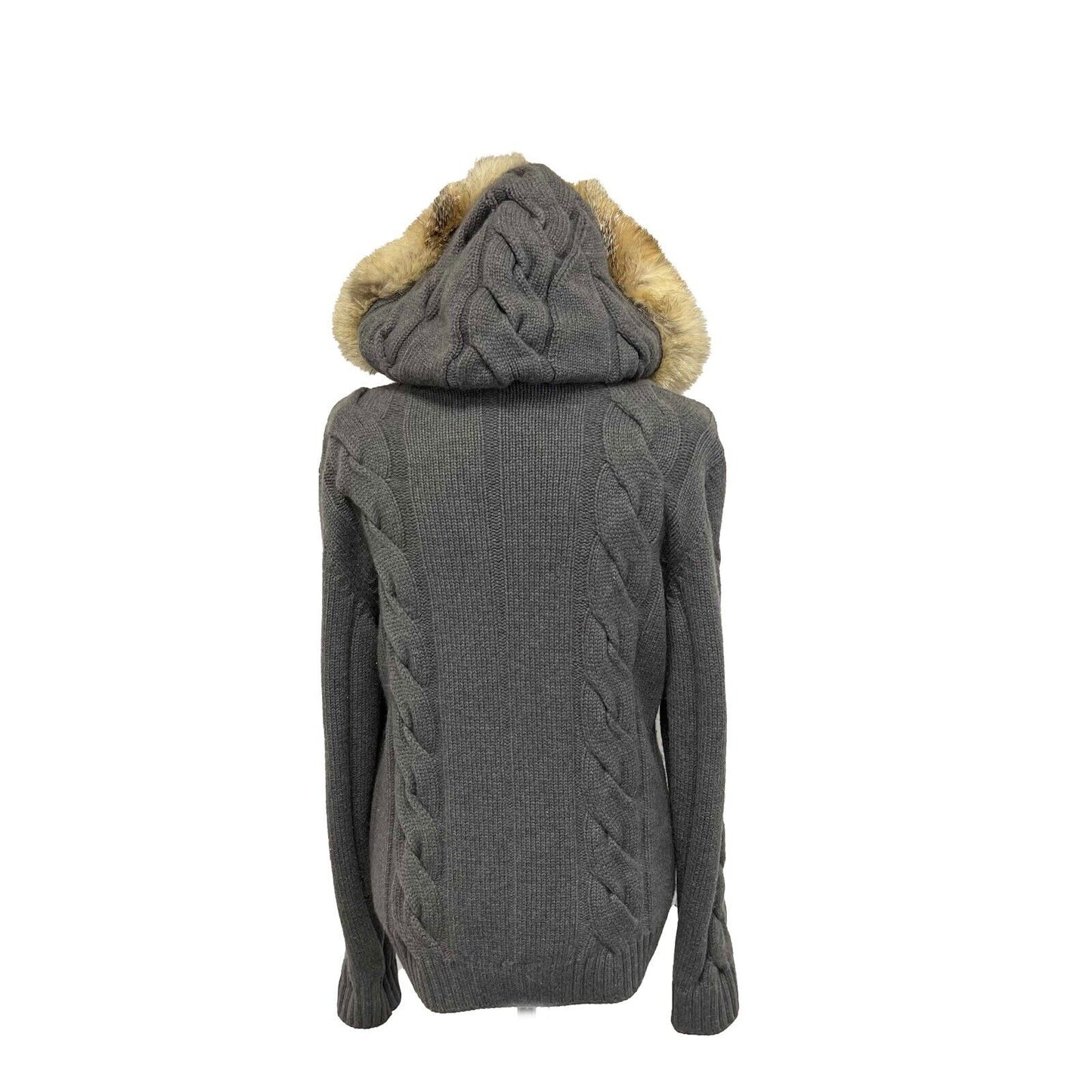 Loro Piana Cashmere Gray Cable Knit Toggle Fox Fur Hooded Cardigan IT40 US4