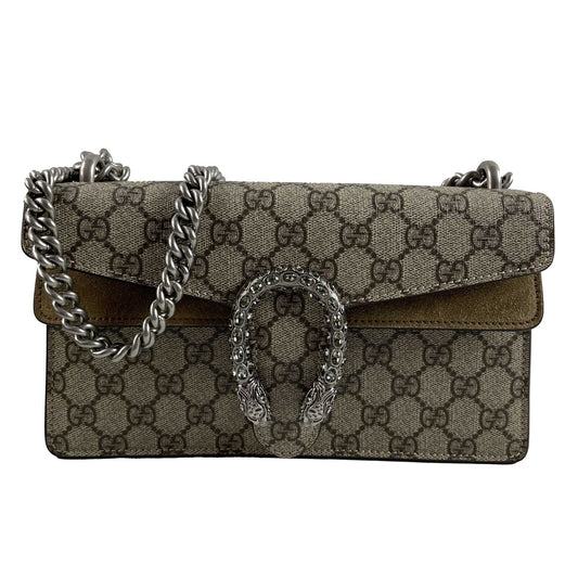Gucci NWOT GG Supreme Monogram Suede Crystal Small Dionysus Brown Handbag