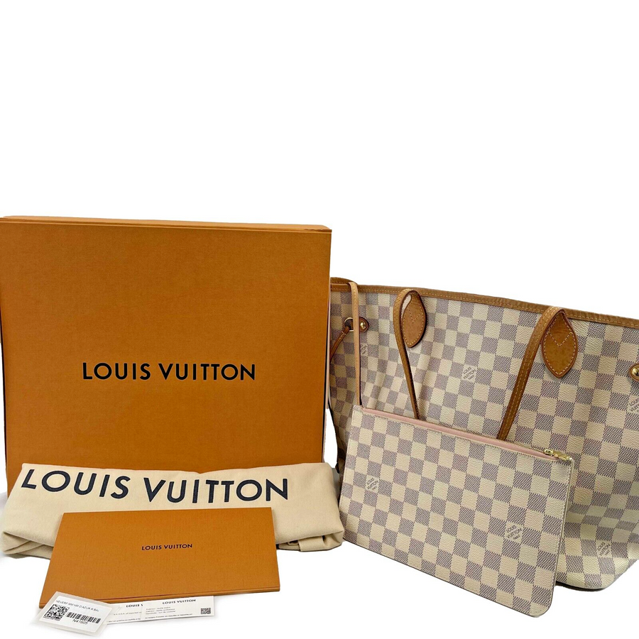Louis Vuitton Neverfull MM Damier Azur W/Pouch White Handbag
