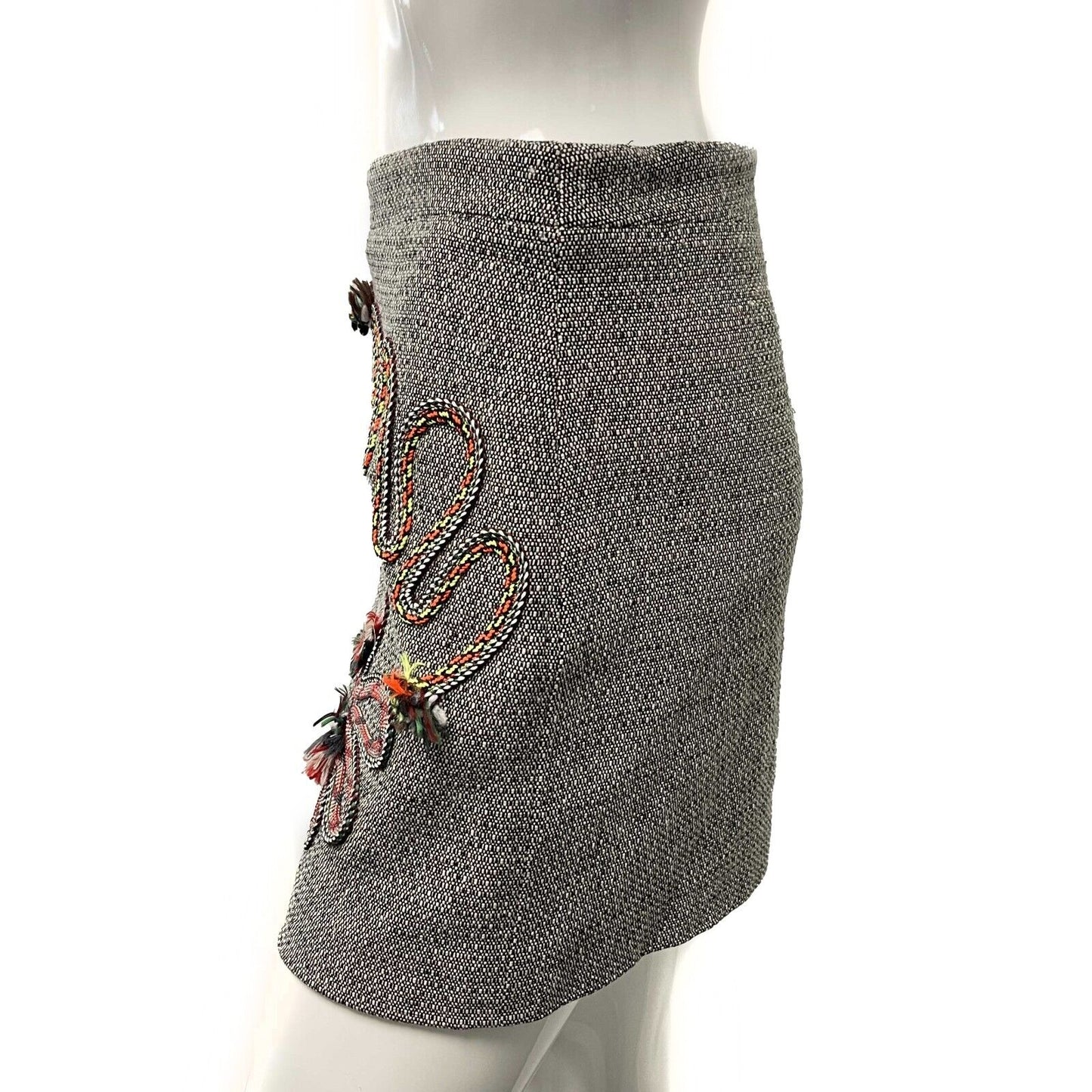 Stella McCartney Wool Mini Grey Tweed Embroidered Mini Skirt 38 US 4-6 Small