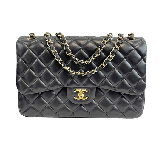 Chanel - Excellent - Quilted Jumbo CC Double Flap Black Lambskin Shoulder Bag