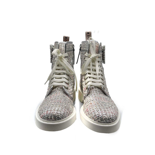 Roger Vivier NIB Crystal Tweed Cream Hiking Scout Boots 37 US 7 Silver Combat