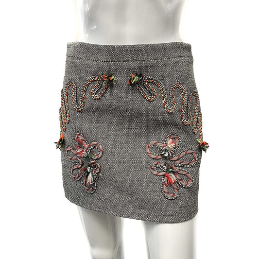 Stella McCartney Wool Mini Grey Tweed Embroidered Mini Skirt 38 US 4-6 Small