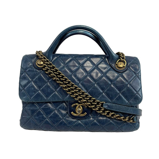 CHANEL - Teal CC Single Castlerock Flap / Top Handle Large Leather Shoulder Bag