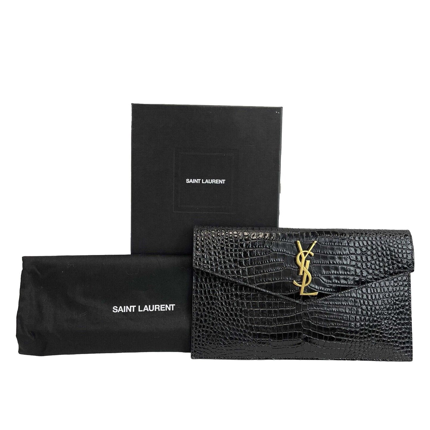 Saint Laurent - Uptown Pouch - Black Patent Calfskin Leather Embossed Alligator