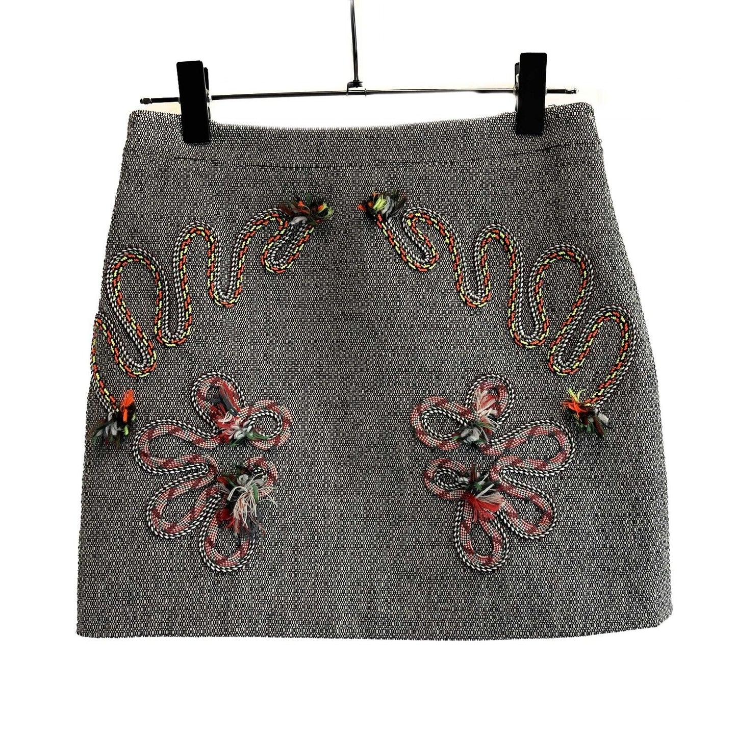 Stella McCartney Wool Mini Grey Tweed Embroidered Mini Skirt 38 US 4-6 Small