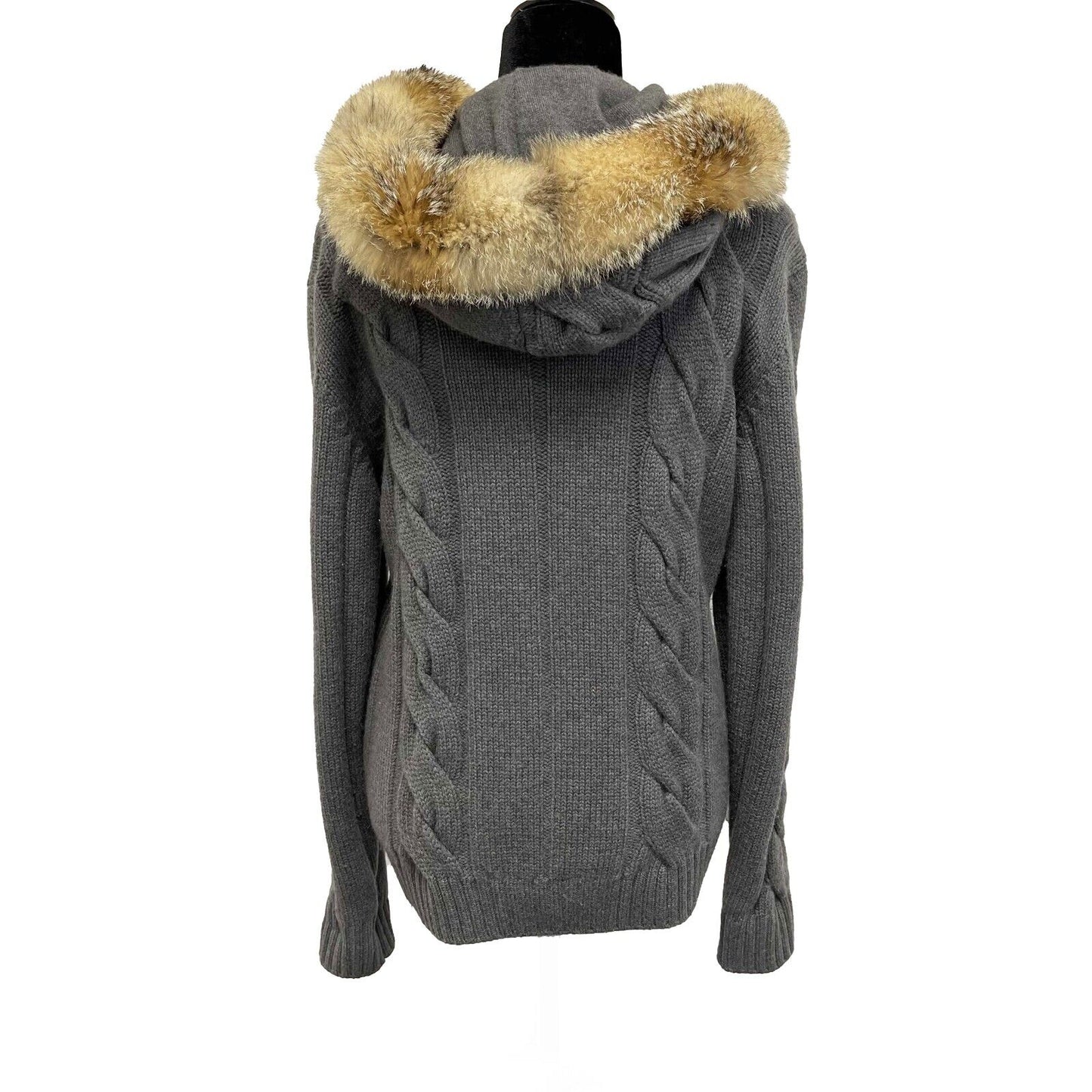 Loro Piana Cashmere Gray Cable Knit Toggle Fox Fur Hooded Cardigan IT40 US4