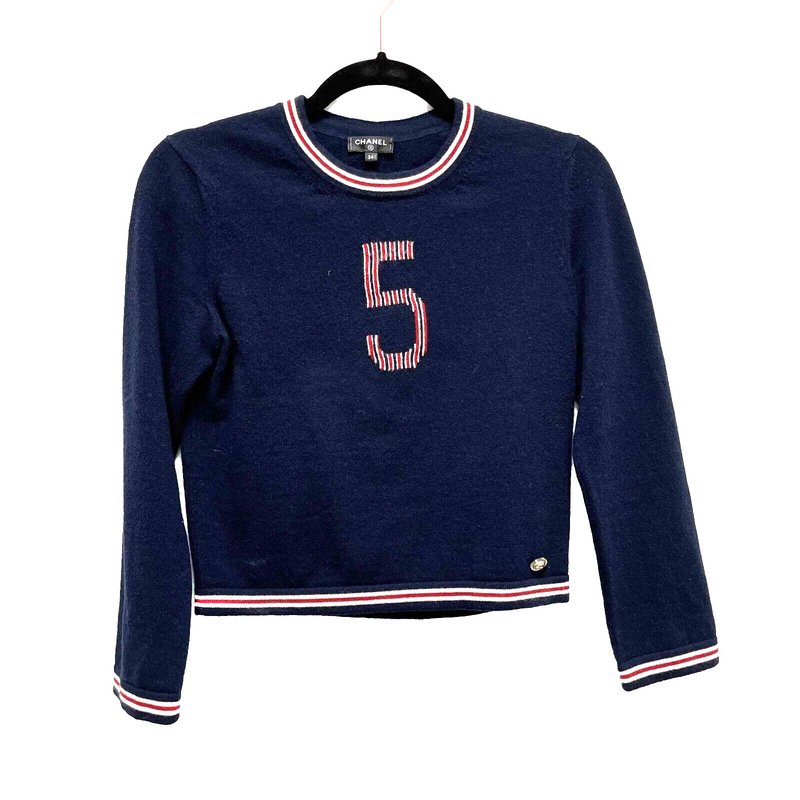 Chanel 19 No. 5 Logo Navy Blue Pullover Sweater 34 US 2 BougieHabit