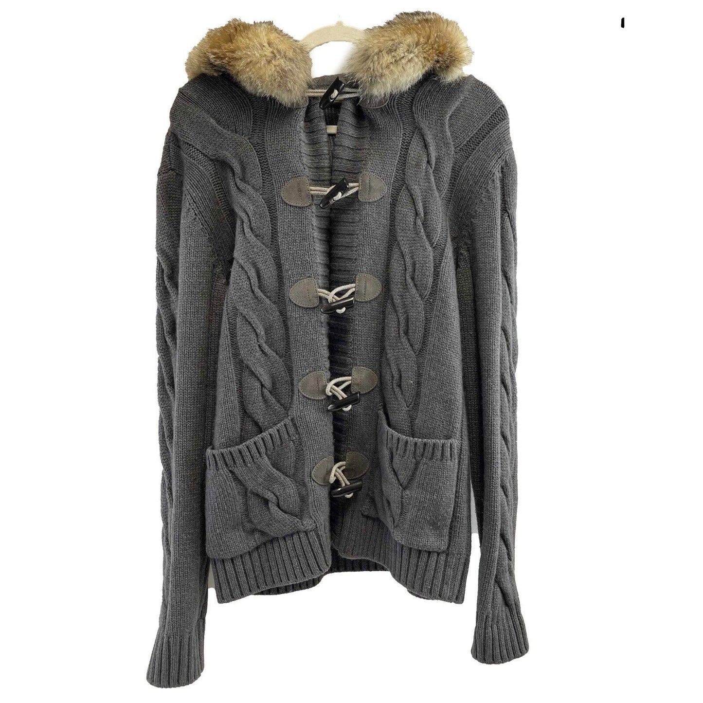 Loro Piana Cashmere Gray Cable Knit Toggle Fox Fur Hooded Cardigan IT40 US4