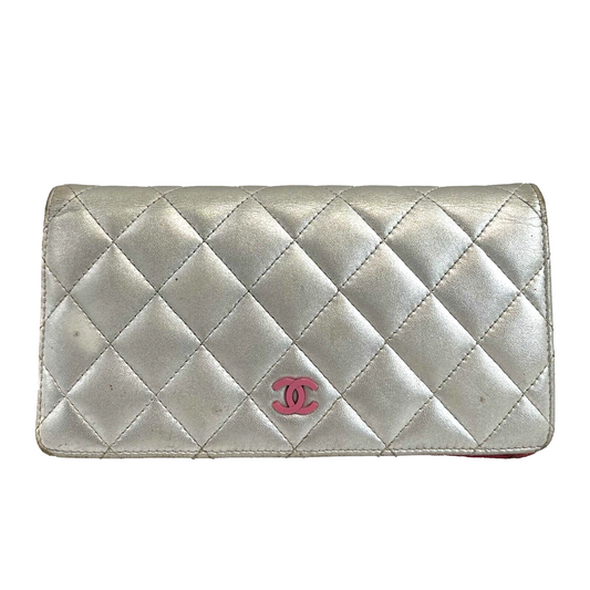 Chanel CC Quilted Silver Clutch Wallet
