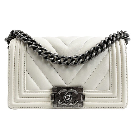 Chanel Boy Flap Chevron Quilted White Shoulder Bag Medium