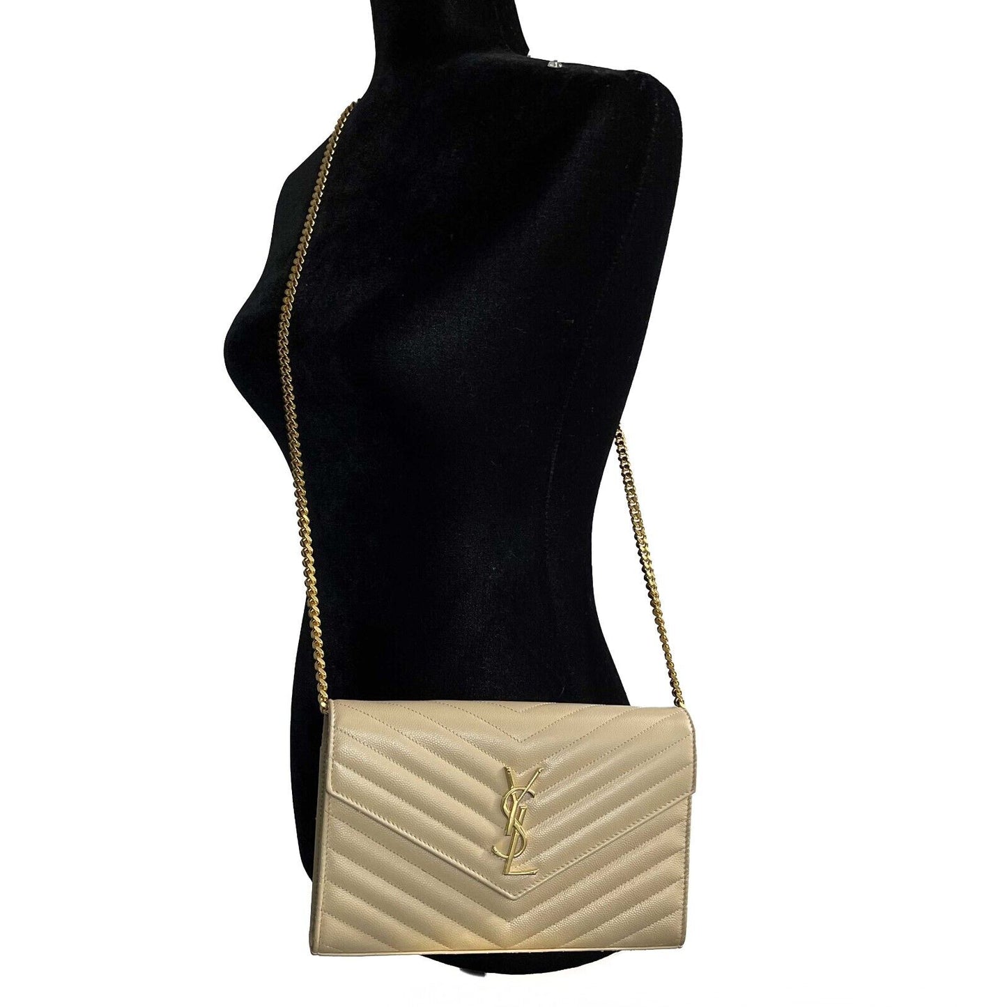 Saint Laurent - YSL Monogramme Grain de Poudre Wallet Chain / Beige Crossbody