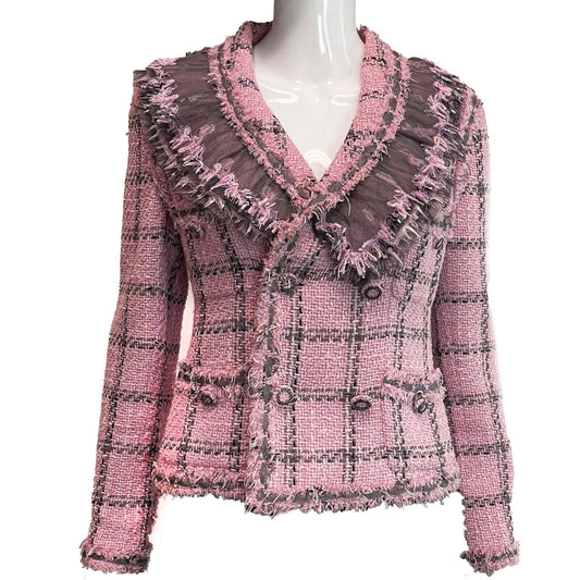 Chanel Excellent 08a Lesage Tweed Plaid Blazer Pink Fringed Jacket 42 US 10