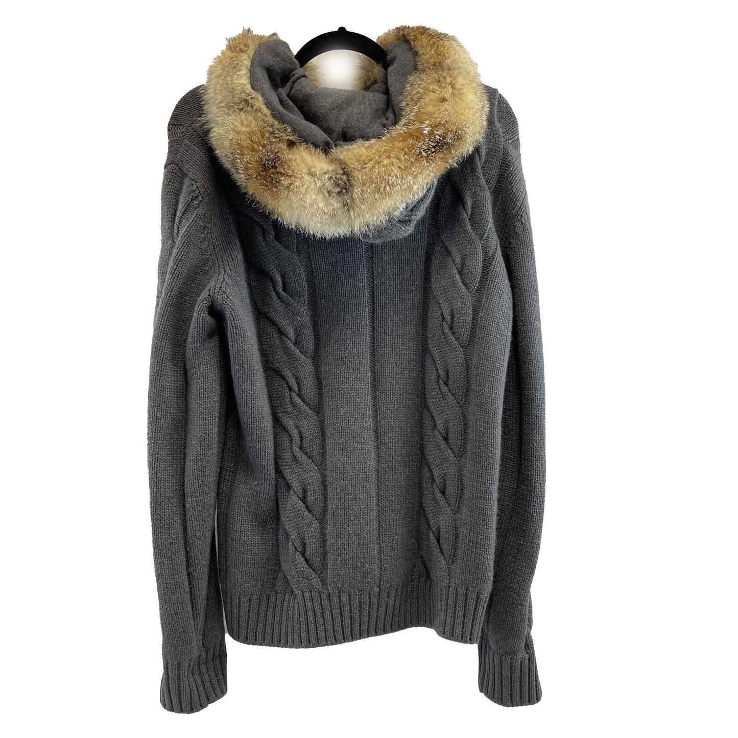 Loro Piana Cashmere Gray Cable Knit Toggle Fox Fur Hooded Cardigan IT40 US4