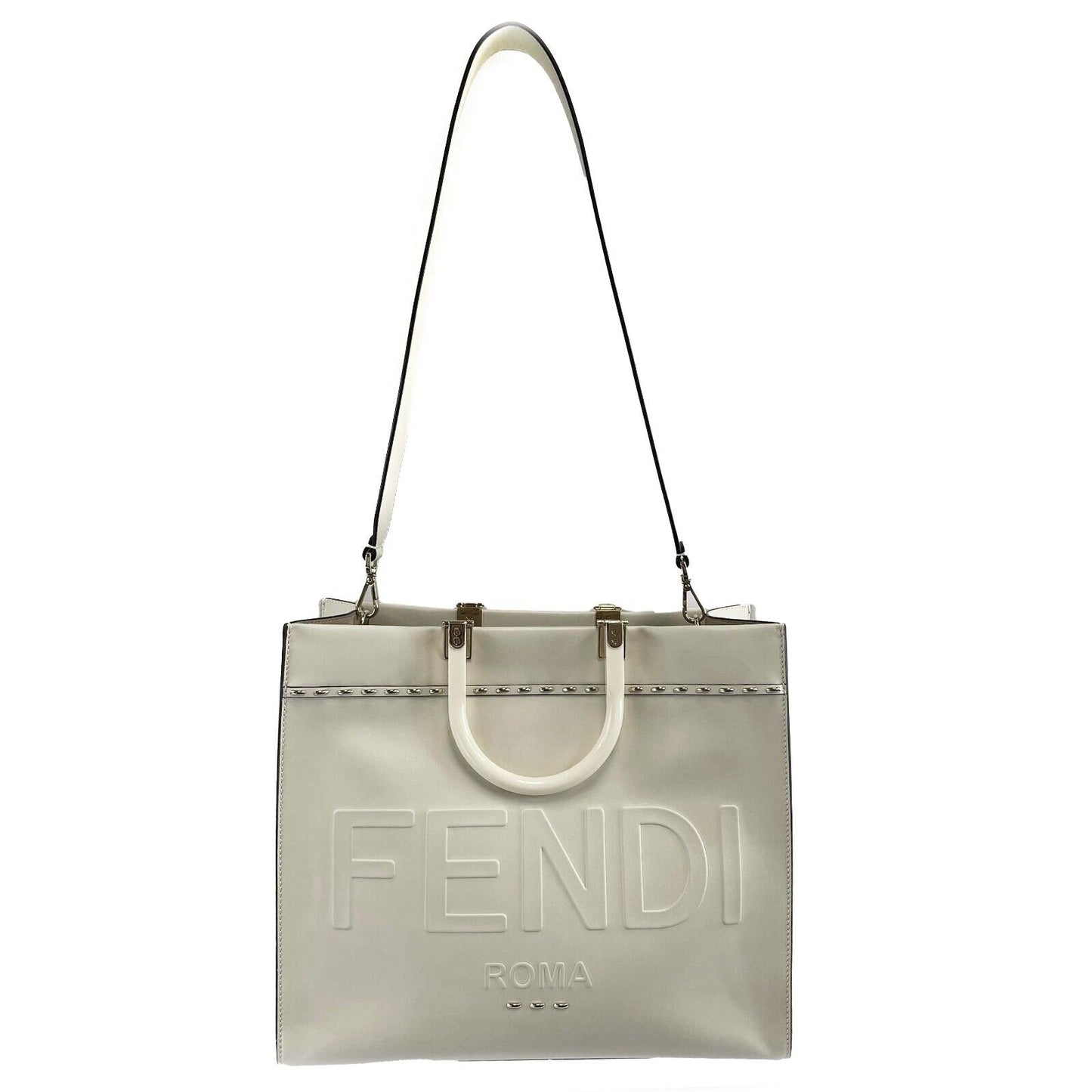 FENDI - Plexiglass Handle Sunshine Medium Cream Shopper Tote w/ Shoulder Strap