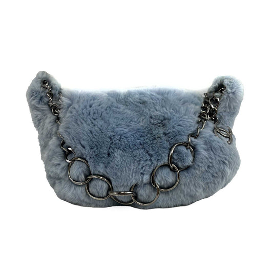 CHANEL - Light Blue Lapin Fur CC Shoulder Bag - Ruthenium Hardware