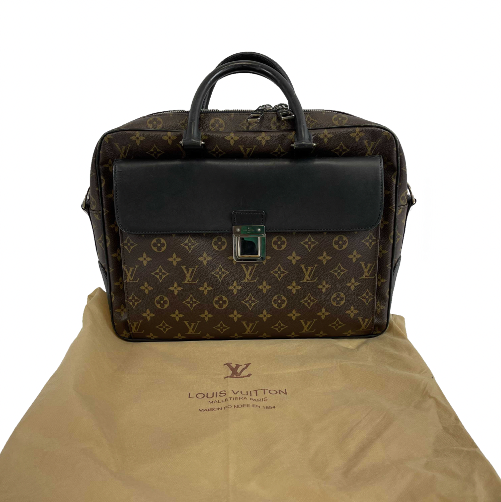 Louis Vuitton Briefcase Monogram Canvas Macassar Leather Laptop Bag Brown Black