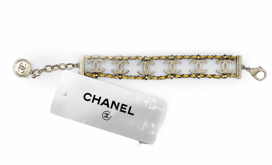 CHANEL - CC Chain Link Gold Tone Leather Bracelet - New w/ Tags