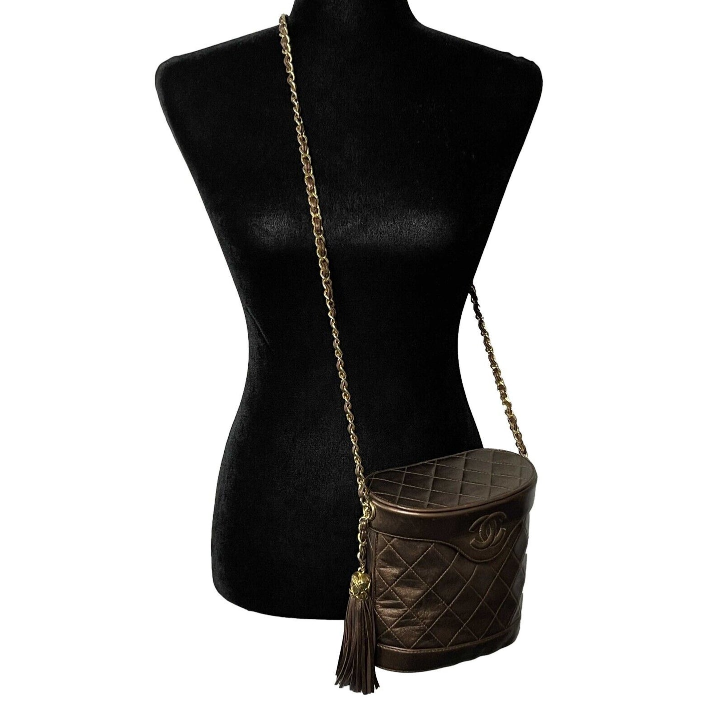 CHANEL - Excellent - Vintage Tassel Box Quilted - Metallic Bronze Crossbody