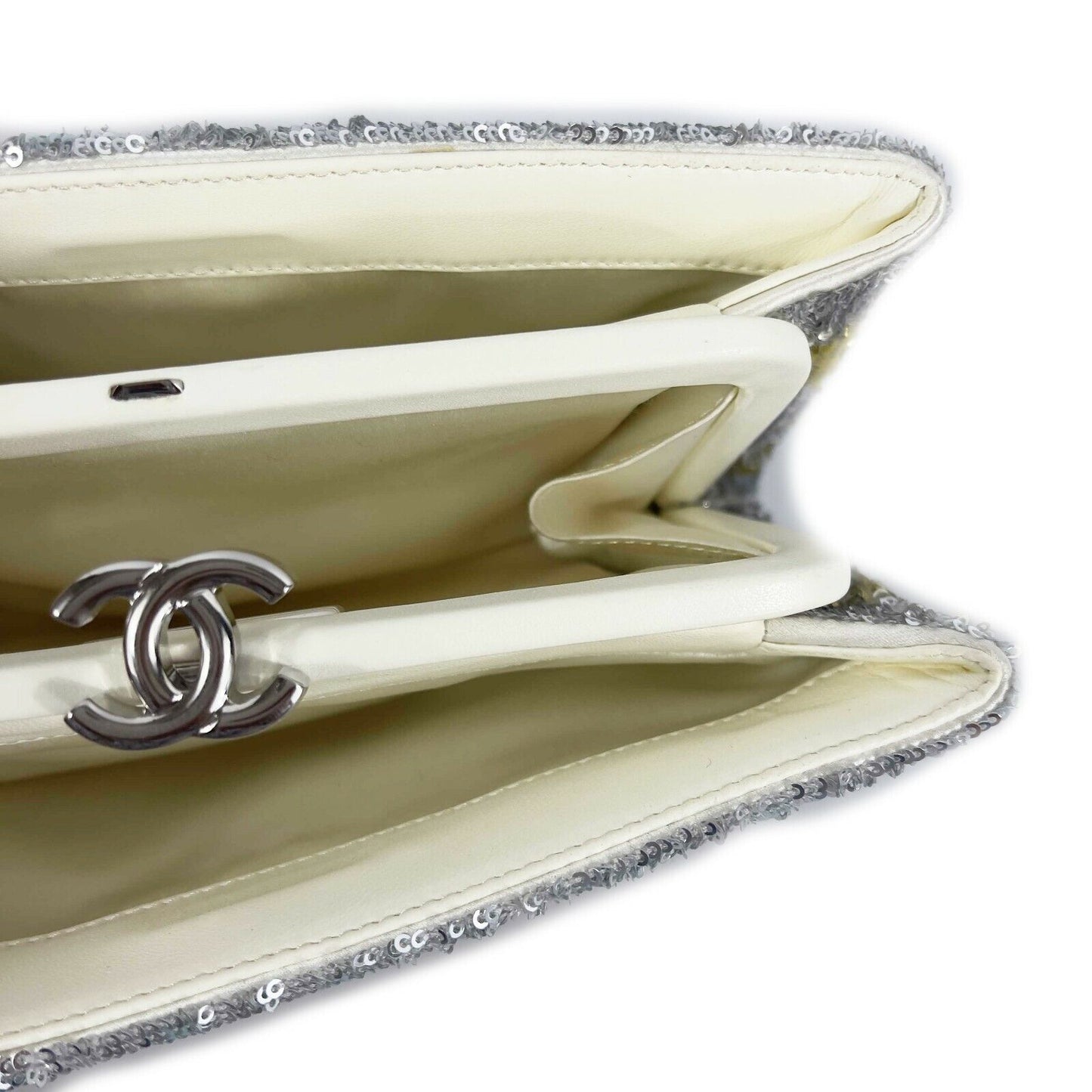 CHANEL - La Pausa Small Embroidered Satin Silver Sequin Clutch Bag