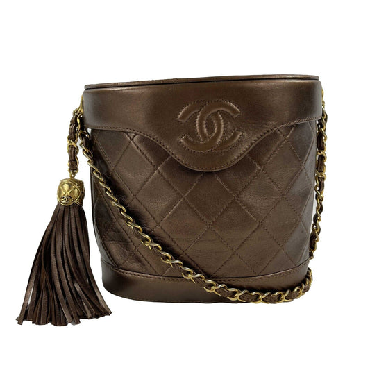 CHANEL - Excellent - Vintage Tassel Box Quilted - Metallic Bronze Crossbody