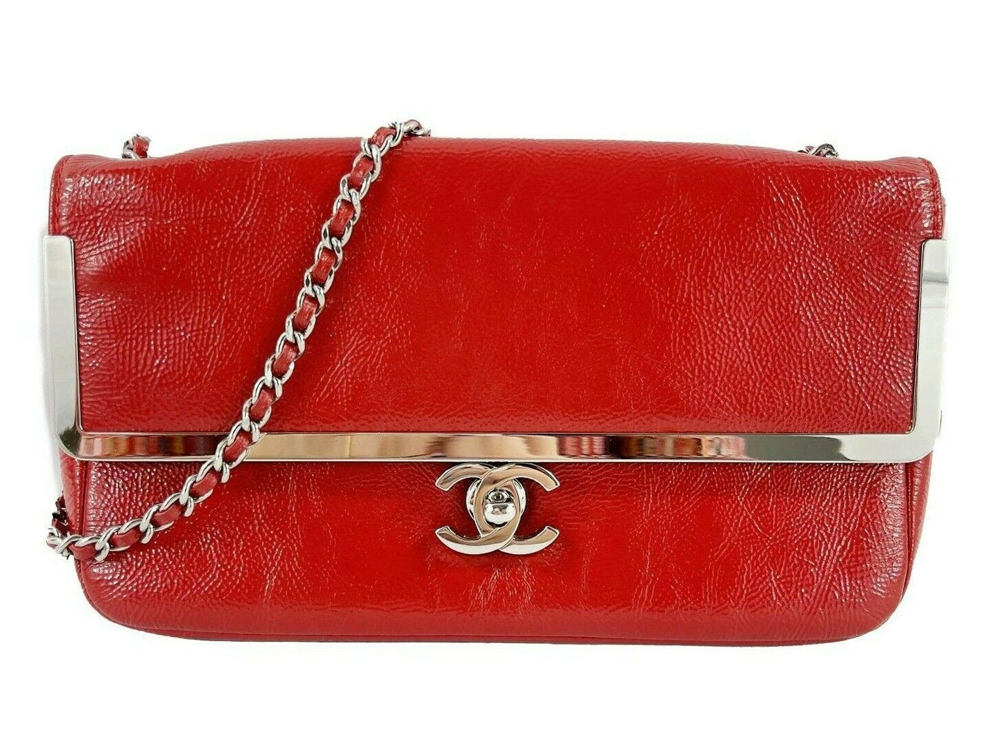 CHANEL - Small Textured Red Patent Frame Flap - CC Lock - Silver Shoulder Bag