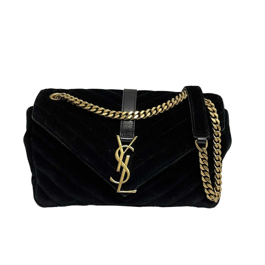 Saint Laurent Velvet Triquilt Medium Collège Bag - Black and Gold YSL Crossbody
