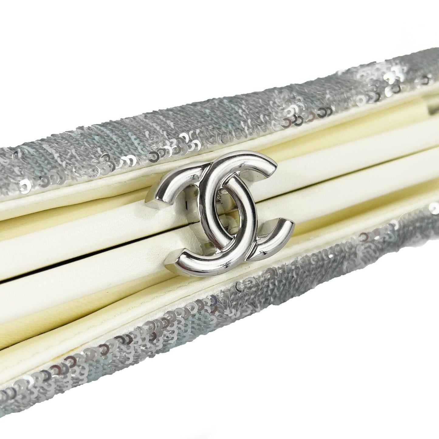 CHANEL - La Pausa Small Embroidered Satin Silver Sequin Clutch Bag