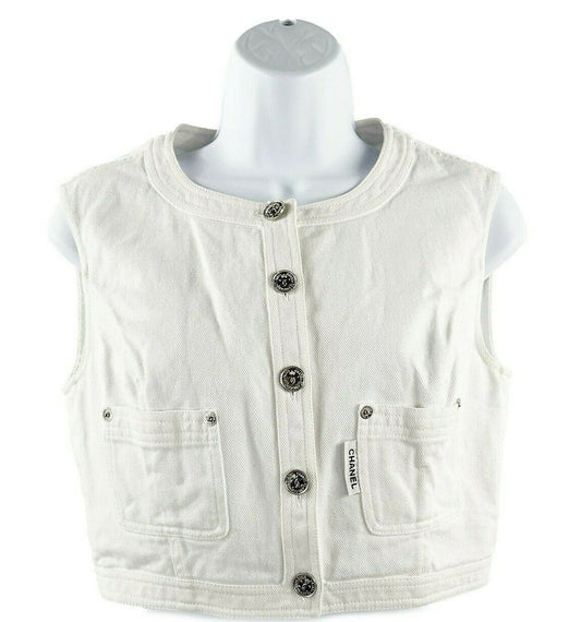 CHANEL- VTG 96P Denim Vest Gilet - White / CC Silver Buttons - FR 36 / US XS-S