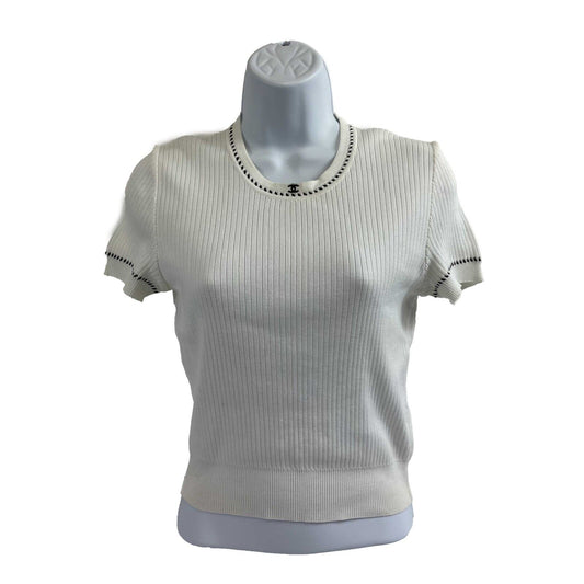 Chanel - Boutique Cropped 1996 Short Sleeve White CC Knitted Ribbed Tee 38 US 6