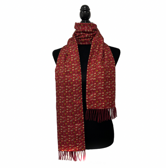 Salvatore Ferragamo - Insect Print Bee Butterfly Red Maroon Fringed Shawl Scarf
